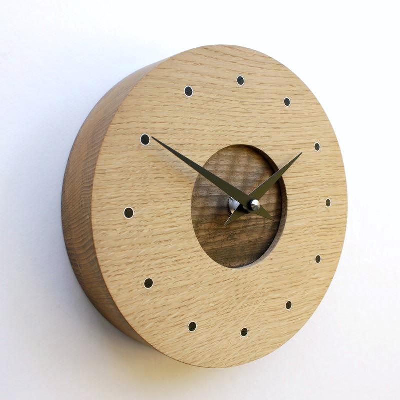 Round Oak Wall Clock with Inlaid Walnut