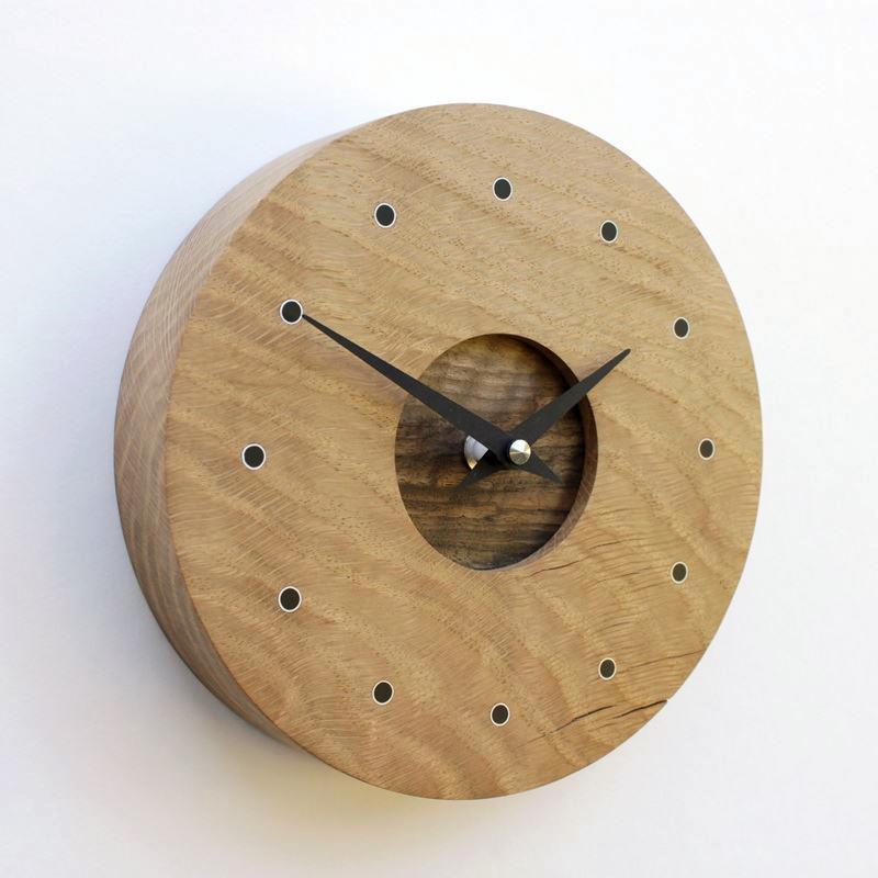 Small Round Oak Wall Clock with Walnut Face