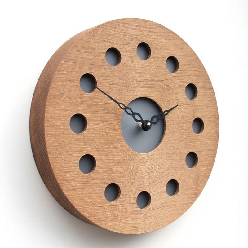 Round English Oak Wall Clock with Inlaid Black Acrylic at the Hour Positions