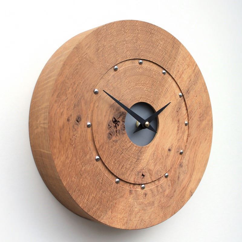 Round Rustic English Oak Wall Clock with Silver Studs at the Hour Positions and Black Acrylic