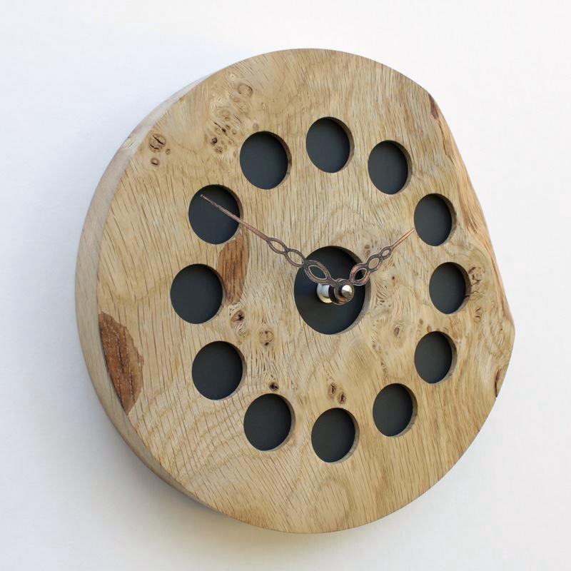 Round Rustic Burr Oak Wall Clock with Inlaid Black Frosted Perspex