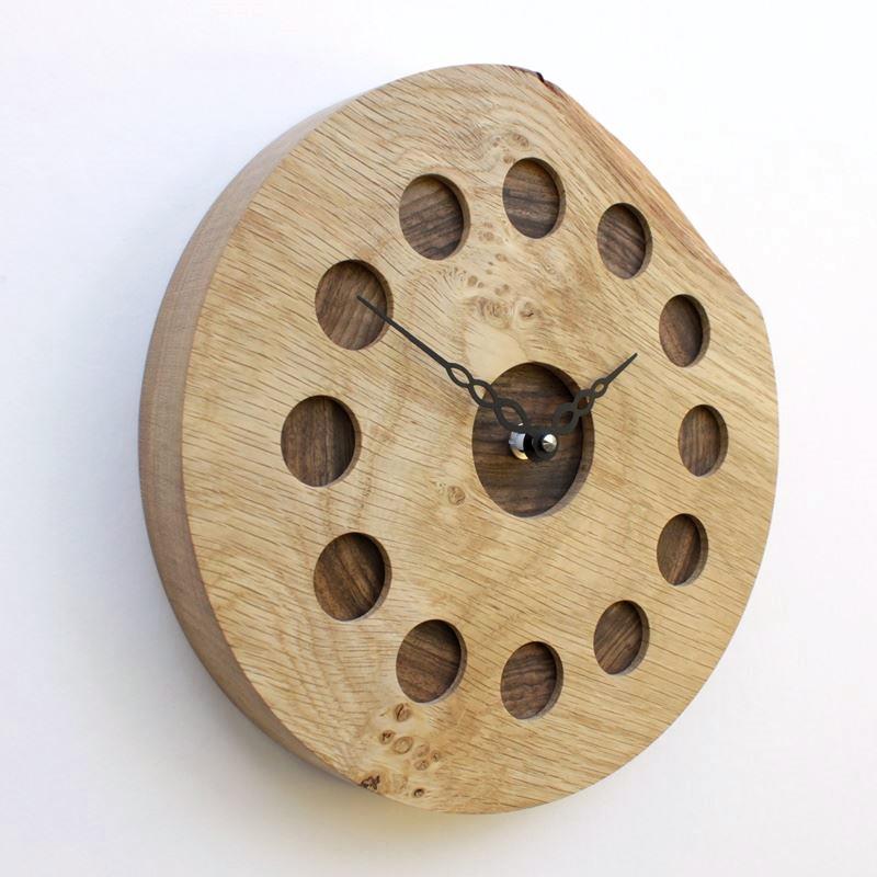 Round Oak Wall Clock with Inlaid Walnut